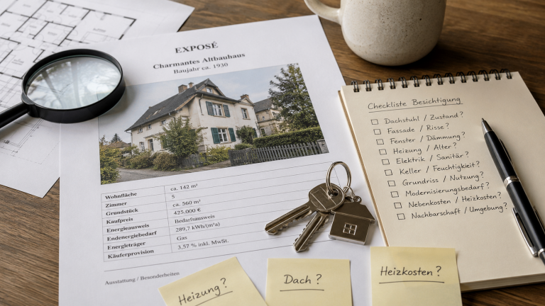 Exposé eines alten Hauses mit Schlüssel, Besichtigungscheckliste und Notizen zu Heizung, Dach und Heizkosten auf einem Tisch.