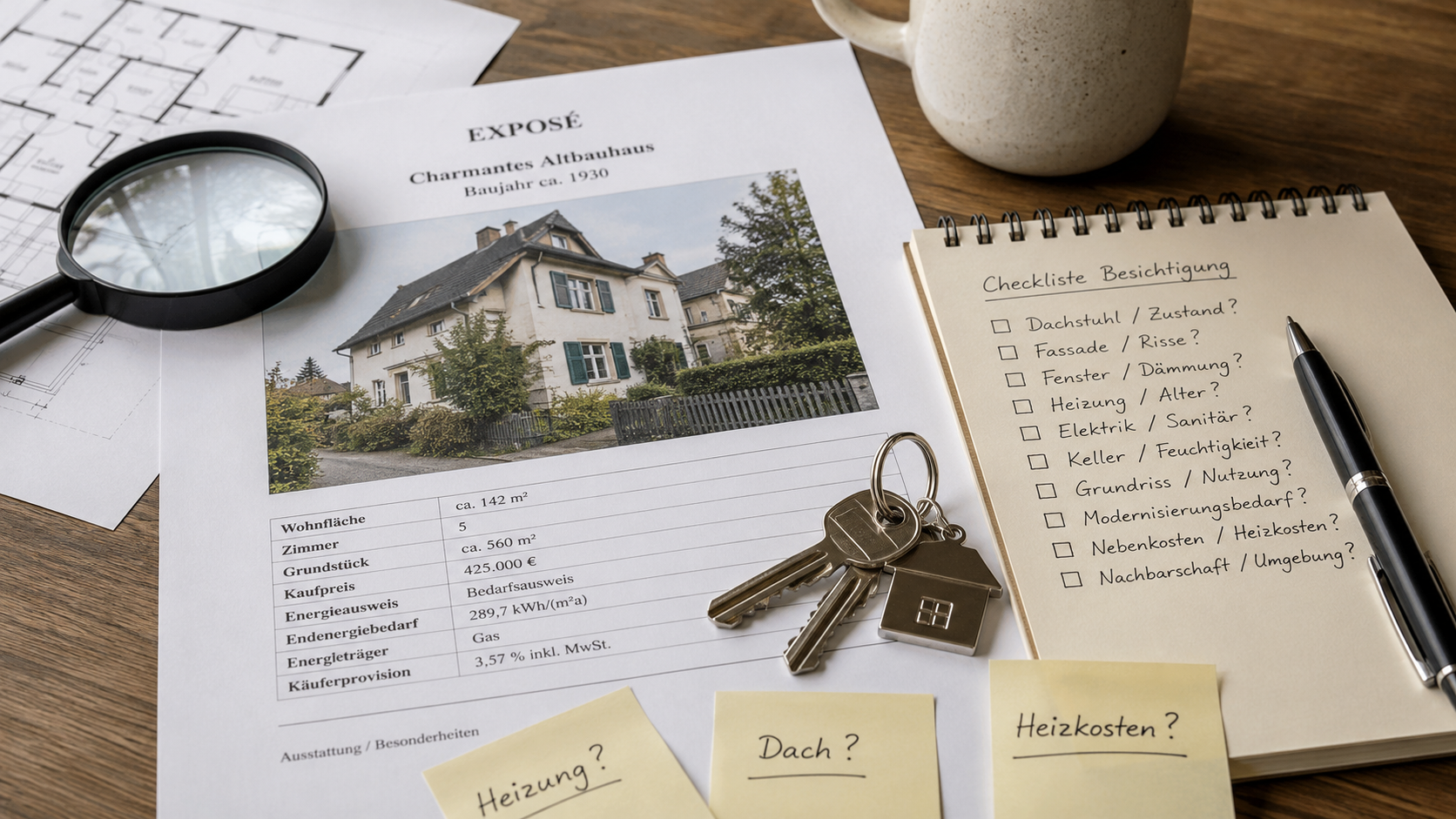 Exposé eines alten Hauses mit Schlüssel, Besichtigungscheckliste und Notizen zu Heizung, Dach und Heizkosten auf einem Tisch.