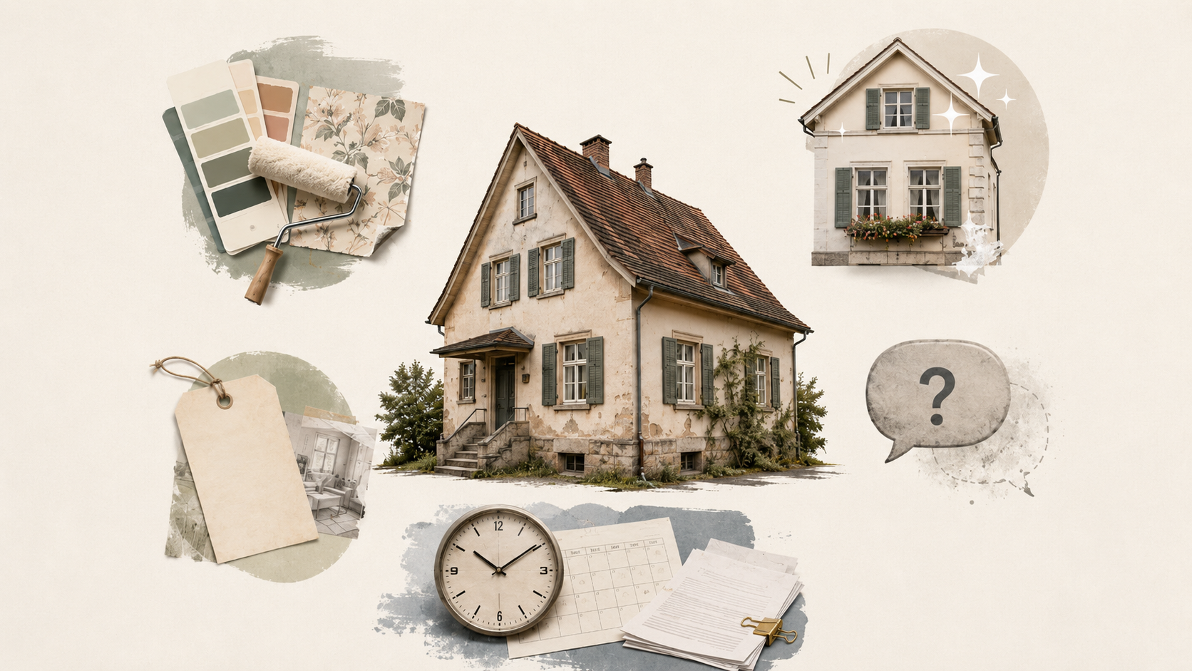 Collage mit altem Haus, Renovierungsdetails, Fragezeichen und Zeitdruck als Symbol für typische Fehler bei der Altbau-Besichtigung.